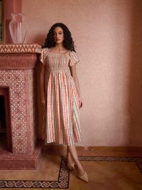 Short Sleeve Shirred Waist Abstract Print Dress