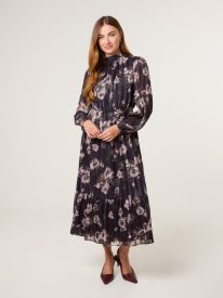High Neck Floral Puffball Pleated Midi Dress
