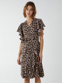 Leopard Print Wrap Ruffle Midi Dress