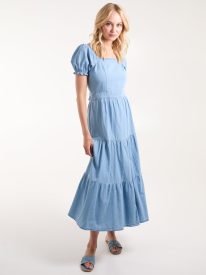 Denim Square Neck Tiered Maxi Dress