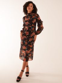 Floral Printed High Neck Midi Dress With Frill Sleeve Details