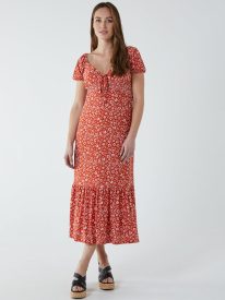 Shirred Milkmaid Sweetheart Midi Dress