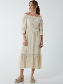 Off Shoulder Elasticated Lace Insert Midi Dress