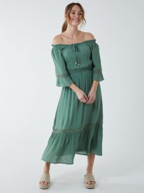 Off Shoulder Elasticated Lace Insert Midi Dress