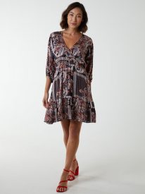 Paisley Wrap Front Pleated Kimono Sleeve Dress
