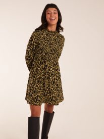 Shirred Trapeze Frill Neck And Sleeve Mini Dress