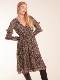 V Neck Frill Sleeve Wrap Midi Dress