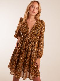 Shirred Waist Leopard Foil Wrap Front Mini Dress