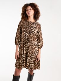 Leopard Print Shirred Front Tie Neck Smock Dress