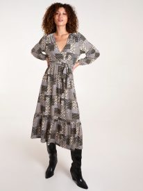 Geometric Wrap Front Belted Midi Dress