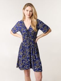 Shirred Waist Beaded V Neck Mini Dress