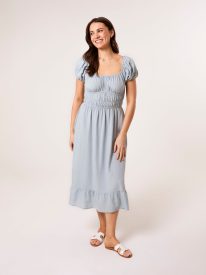 Puff Sleeve Shirred Panel Dress