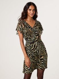 Animal Print Frill V Neck Mini Mesh Dress