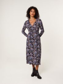 Floral V Neck Wrap Long Sleeve Midi Dress