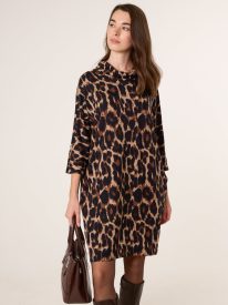 Leopard Print Draped Cowl Neck Tunic Dress