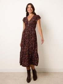 V Neck Midi Dress With Shirred Waist Button Front