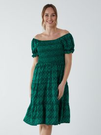 Puff Sleeve Bardot Shirred Dress