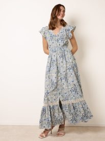 Ditsy Floral Print Shirred Waist Button Front Maxi Dress