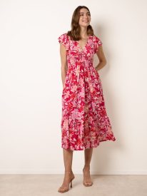 Tropical Print Flutter Sleeve Midi Dress