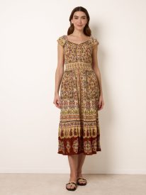 V Neck Embroidery Trim Paisley Maxi Dress