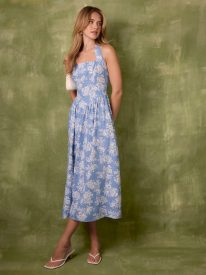 Ditsy Floral V Waist Halter Midi Dress