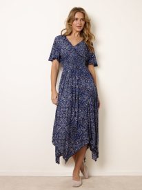 Shirred Waist Hanky Hem Paisley Print Dress