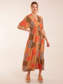 Abstract Patchwork Pattern V Neck Maxi Dress