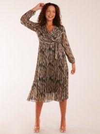 Wrap Over Metallic Vertical Print Dress