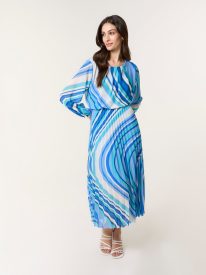 Swirl Print Pleated Round Neck Dress