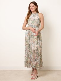 Printed Pleated Dress With Belt
