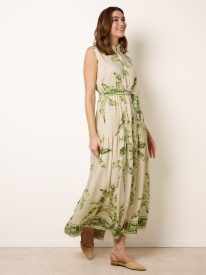 Leaf Print Collarless Shirt Dress With Belted Waist