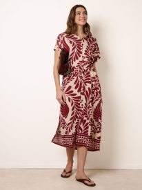 Tropical Leaf Print Belted Shirt Dress