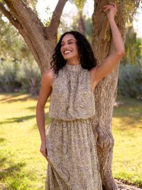 Paisley Print Rhinestone High Neck Midi Dress