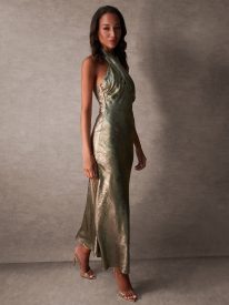 Luxe Twist Front Halter Neck Lame Dress