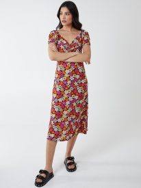 V Neck Ruched Midi Dress