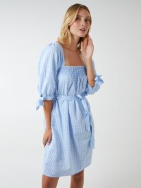 Gingham Milkmaid Square Neck Shirred Swing Dress