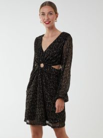 V-Neck Long Sleeve Metallic Dress