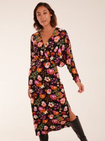 Wrap Batwing Floral Midi Dress With Side Split