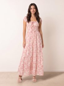 Double Front Tie Shirred Ditsy Floral Maxi Dress