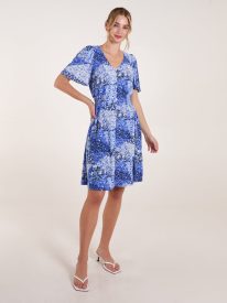 Shirred Waist Button Front Patchwork Mini Dress