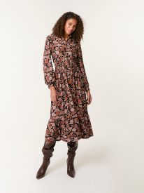 Floral Printed Shirred Waist Midi Shirt Dress