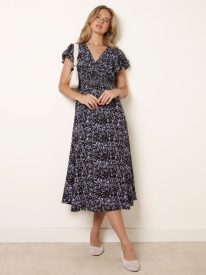 V Neck Flutter Midi Dress