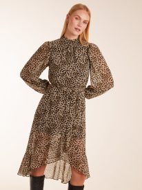 Leopard Print High Neck Wrap Frill Hem Midi Dress