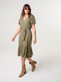 Coconut Button V Neck Tie Waist Midi Dress