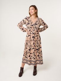 V Neck Shirred Border Print Midi Dress