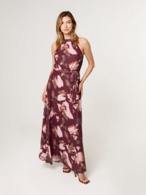 Mesh Halter Neck Belted Maxi Dress