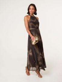 Printed Mesh Halter Neck Belted Maxi Dress