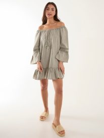 Lace Trim Elasticated Bardot Neck Tunic Dress