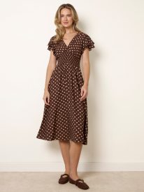 Spot Elastic Neck Midi Dress