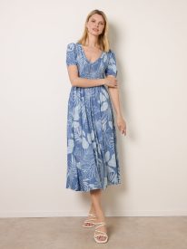 Shirred Button V Neck Midi Dress